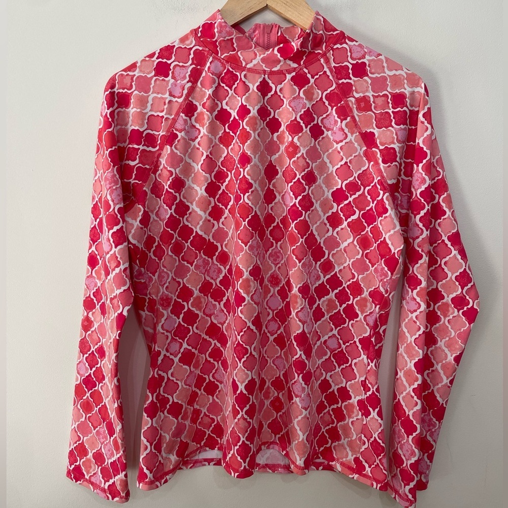 Garnet Hill Sun Shirt Mock Neck Back Zip Rash Guard Pink Geometric Swim Womens L